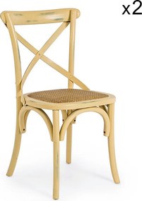 Zestaw 2 krzeseł z drewna wiązowego w kolorze ochry i naturalnego rattanu - CROSS