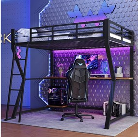 Łóżko antresola 90 x 200 cm z biurkiem, gniazdem USB i półkami - Oświetlenie nastrojowe - Metal - Czarne (bez materaca)