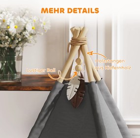 PawHut Tipi Namiot dla zwierząt, łóżko w formie namiotu tipi dla kota, namiot dla kota z poduszką, łóżko dla psa do spania, łóżko dla kota, szary