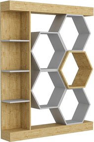 Nowoczesny regał w kolorze białym i dębowym, 140 x 29,6 x 177,4 cm | Płyta wiórowa pokryta melaminą, grubość 18 mm | Stylowe miejsce do prze