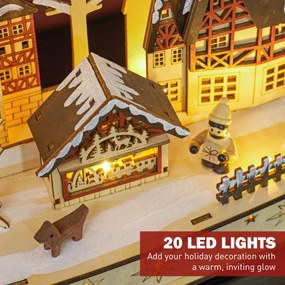 HOMCOM Wioska Świąteczna w Zimowym Cudzie, 20 LED, Wielowarstwowa, Drewno Naturalne, 45 x 12 x 30 cm | Aosom PL