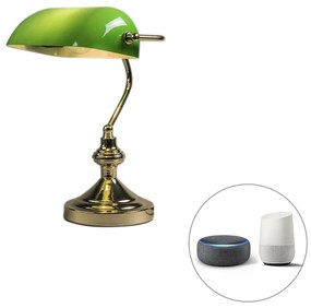 Inteligentna lampa stołowa mosiądz z zielonym szkłem w tym WiFi P45 - Banker Retro Oswietlenie wewnetrzne