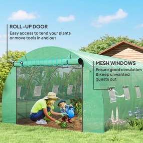 Outsunny Szklarnia typu Polytunnel z osłoną plastikową i stalową ramą, z rolowanymi drzwiami, Zielona