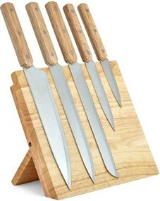 Zestaw 5 noży ze stali nierdzewnej 20-32,5 cm z magnetycznym stojakiem z drewna kauczukowego - Ostrza ze stali nierdzewnej, drewniane uchwyty, Made in Europe