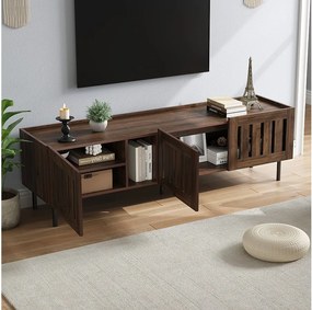 Minimalistyczna niska szafka RTV - 160 x 40 x 47 cm - z ażurową konstrukcją + 3 drzwi - do telewizorów 65 cali - MDF - brązowa