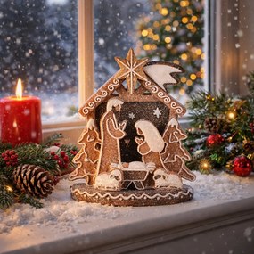 Dekoracja świąteczna Szopka piernikowa, poliresin, LED, brązowy
