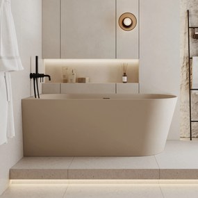 Wanna wolnostojąca narożna WALL Grey Glow / Matt lewa z konglomeratu szara błyszcząca/matowa 160 x 75 cm z przelewem typu SLIM : Kolor wanny - Beż matowy