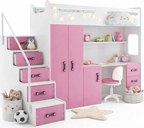 Biało Różowe Łóżko Piętrowe Dla Dziewczynki Z Biurkiem I Szafą A3-C59