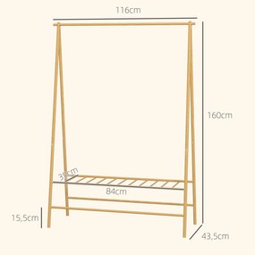 HOMCOM Wieszak na Ubrania z Bambusa z Półką na Buty i Hakami, Wolnostojący, do Przedpokoju, Sypialni, Drewno Naturalne