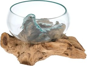 Ręcznie wykonana szklana miska na drewnie teakowym, 20 cm.