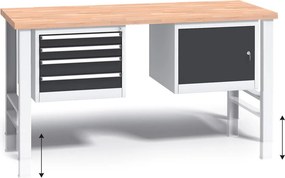 Stół warsztatowy z regulacją wysokości G3, 1700 x 685 x 840-1050 mm, 1x 4 szufladowy kontener, 1x szafka, grafitowy