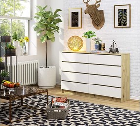 Komoda AKORD K160 Dąb Artisan 160 cm 8 szuflad kolor Biały mat 160x40x99 cm