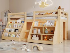 Łóżko dziecięce 90x200 cm - z oświetleniem LED - z półką do przechowywania - z barierkami + drabiną - Naturalny (materac nie jest wliczony w cenę)
