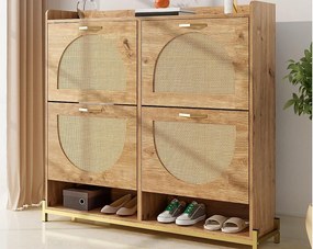 Szafa na buty 108.5x24x100 cm - 4 fronty z rattanu - Konstrukcja metalowa - MDF - Kolor naturalny