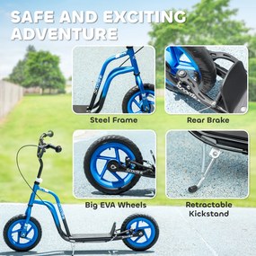 AIYAPLAY Hulajnoga dziecięca z regulowaną kierownicą, dużymi kołami, stojakiem do parkowania, hamulcem ręcznym, dla dzieci w wieku 5-12 lat, Niebieska