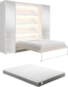 Łóżko chowane w szafie pionowe 140 x 200 cm - 2 kolumny do przechowywania - Z lustrami i LED - Beżowe + Materac - RAPILI