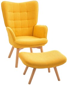 HOMCOM Fotel Akcentowy z Podnóżkiem, Relaksacyjny w Wyglądzie Sztruksu, Fotel z Drewnianymi Nogami, Do Salonu, Pomarańczowy