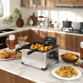 HOMCOM Frytkownica, 5L Pojemności Oleju, Timer, Okno, 2000W Moc, Kolor Srebrny