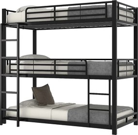 Łóżko piętrowe potrójne - 3x90x200cm - stalowa rama - Czarny