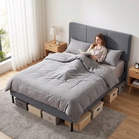 HOMCOM Stelaż łóżka 140 x 200 cm z regulowanym wezgłowiem, tapicerowane łóżko w wyglądzie lnu z 12 listwami | Aosom PL