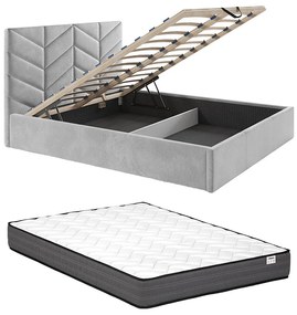 Łóżko ze skrzynią 200 x 200 cm - Tkanina teksturowana - Szary + Materac - JUSTANI