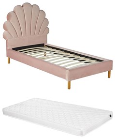 Łóżko w kształcie muszli 90 × 190 cm – welur – kolor różowy, materac w zestawie - MOANA
