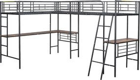 Łóżko antresola dwuosobowe - 2 x 90 x 200 cm - z biurkiem narożnym i drabinkami - metalowe - czarne