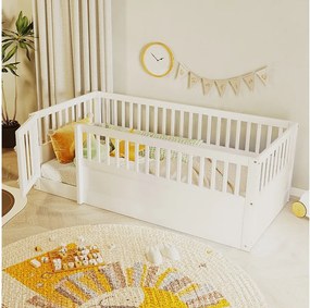 Łóżko dziecięce 90 x 200 cm bez stelaża z listwami i drzwiczkami sosna + sklejka + MDF - białe