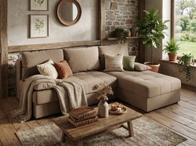 PROMOCJA Rozkładana dwustronna sofa w kształcie L VENORIA SLIM 200x143 cm, beżowy + 2 poduszki GRATIS II. gatunek