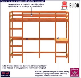 Brązowe pojedyncze łóżko piętrowe z biurkiem 80x200 - Interis 4X