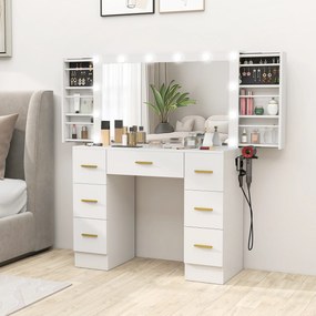HOMCOM Toaletka z lustrem i 12 lampami LED, toaletka z 7 szufladami, 6 ukrytymi schowkami, płyta wiórowa, Biały