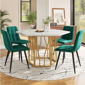 Zestaw stół i krzesła do jadalni - 115,5 x 100 x 75 cm - 1 stół sześciokątny ze złotymi nogami + 4 krzesła - MDF + Stal - złoty + zielony