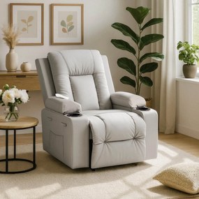 Fotel Masujący BOX Rozkładany Wypoczynkowy z Podnóżkiem Szary Ekoskóra Nowoczesny