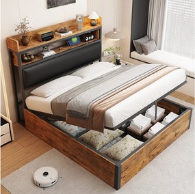 Łóżko vintage ze schowkiem - 140 x 200 - z USB + tapicerowany zagłówek ze schowkiem - Metal + tkanina + MDF - czarne