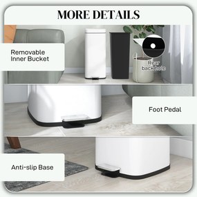 HOMCOM Kosz na śmieci 30L, pokrywa Soft-Close, odporny na odciski, pedał, Metal/Tworzywo sztuczne, 28x35x63,5 cm, Biały