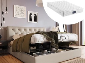 Łóżko ze schowkiem 160 x 200 cm - tkanina lniana - styl nowoczesny - naturalny + materac