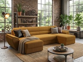 Rozkładana sofa narożna w kształcie U TAVERO 321x140 cm, musztardowa