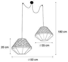 Lampa wisząca czarna z podwójnym aksamitnym abażurem z motywem liści i beżowym kolorem 2-źródła światła - Cava Luxe klasyczny/Antyczny Oswietlenie wewnetrzne