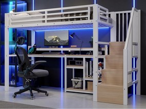 Łóżko antresola 90 x 200 cm - Z przegrodami do przechowywania - Z portami USB + Type-C - Z taśmą świetlną LED - biały (materac nie wliczony)