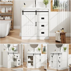 Szafka łazienkowa z umywalką ceramiczną - 76 x 46,5 x 87,5 cm - z drzwiami przesuwnymi i szufladami - MDF - biała