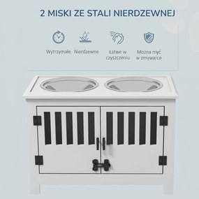 PawHut Podwyższona stacja żywieniowa dla dużych psów, 2 miski ze stali nierdzewnej, przestrzeń do przechowywania, 35,5x60x30 cm, Biały