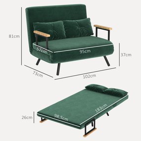 HOMCOM Sofa rozkładana 2-osobowa welurowa, funkcja spania, w zestawie 2 poduszki, welurowe wykończenie, Naturalny + Zielony