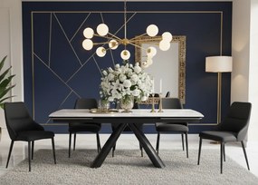 Elegancki stół z białym ceramicznym blatem na hartowanym szkle. Metalowa podstawa z czarnej stali nadaje mu nowoczesny charakter i wyjątkową trwałość.