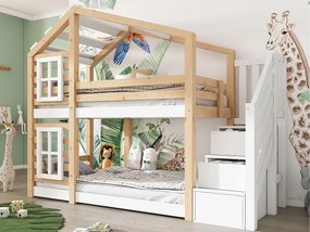 Łóżko piętrowe 90x200cm z litego drewna - z barierkami przeciwupadkowymi i schodami do przechowywania - Naturalne i Białe