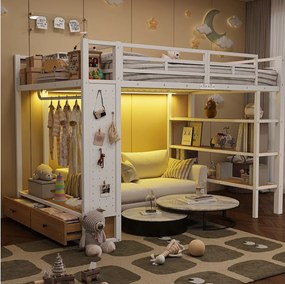 Łóżko piętrowe metalowe dla dzieci - 140 x 200 cm - z otwartą szafą + półką + oświetleniem LED + 2 szufladami - białe