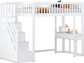 Łóżko mezzanine 90x200cm z drewna - z biurkiem i schodami do przechowywania - Białe