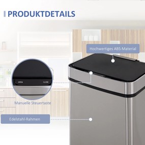 HOMCOM Kosz na śmieci z czujnikiem 72 l System segregacji 3 komory stal nierdzewna srebrny 42 x 30 x 81 cm