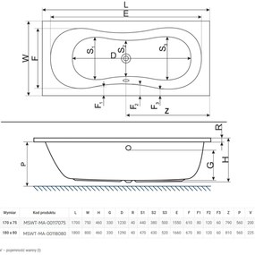 Wanna prostokątna odpływ na środku + obudowa 170 x 75 cm MANDI