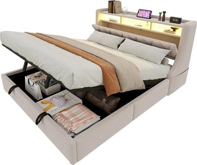 Łóżko tapicerowane ze schowkiem 180×200 cm - Składane zagłówek - Z gniazdkiem - Z oświetleniem LED - Aksamit - Beżowe (materac nie jest zawarty)