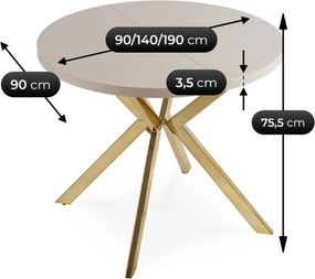 Rozkładany stół jadalniany glamour Lugo 90-190 cm, kaszmir/złoty